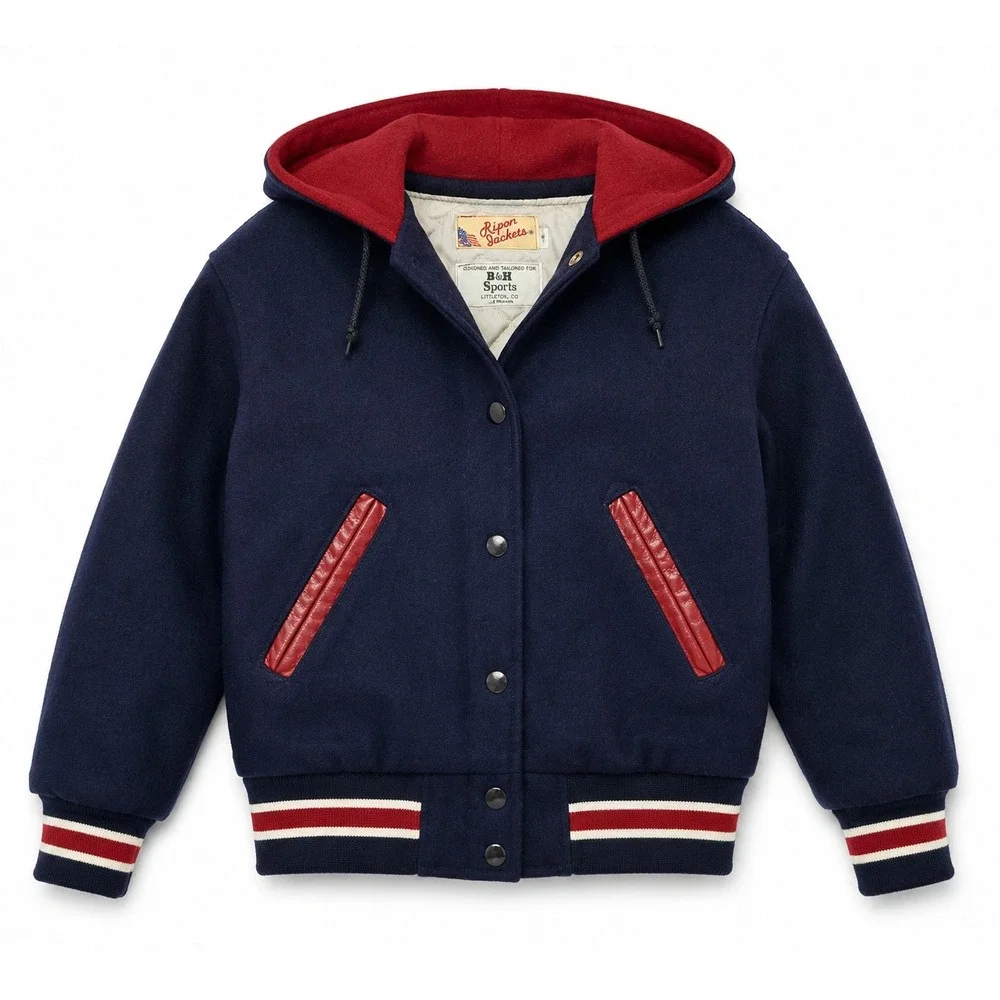 Vintage Ripon Jackets 80s Wool Varsity Bomber Navy Blue Red Zip Hood Kids 36
